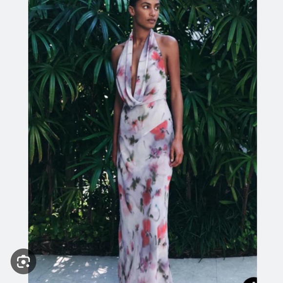 Zara Dresses & Skirts - Zara White Floral Backless Halter Maxi Dress